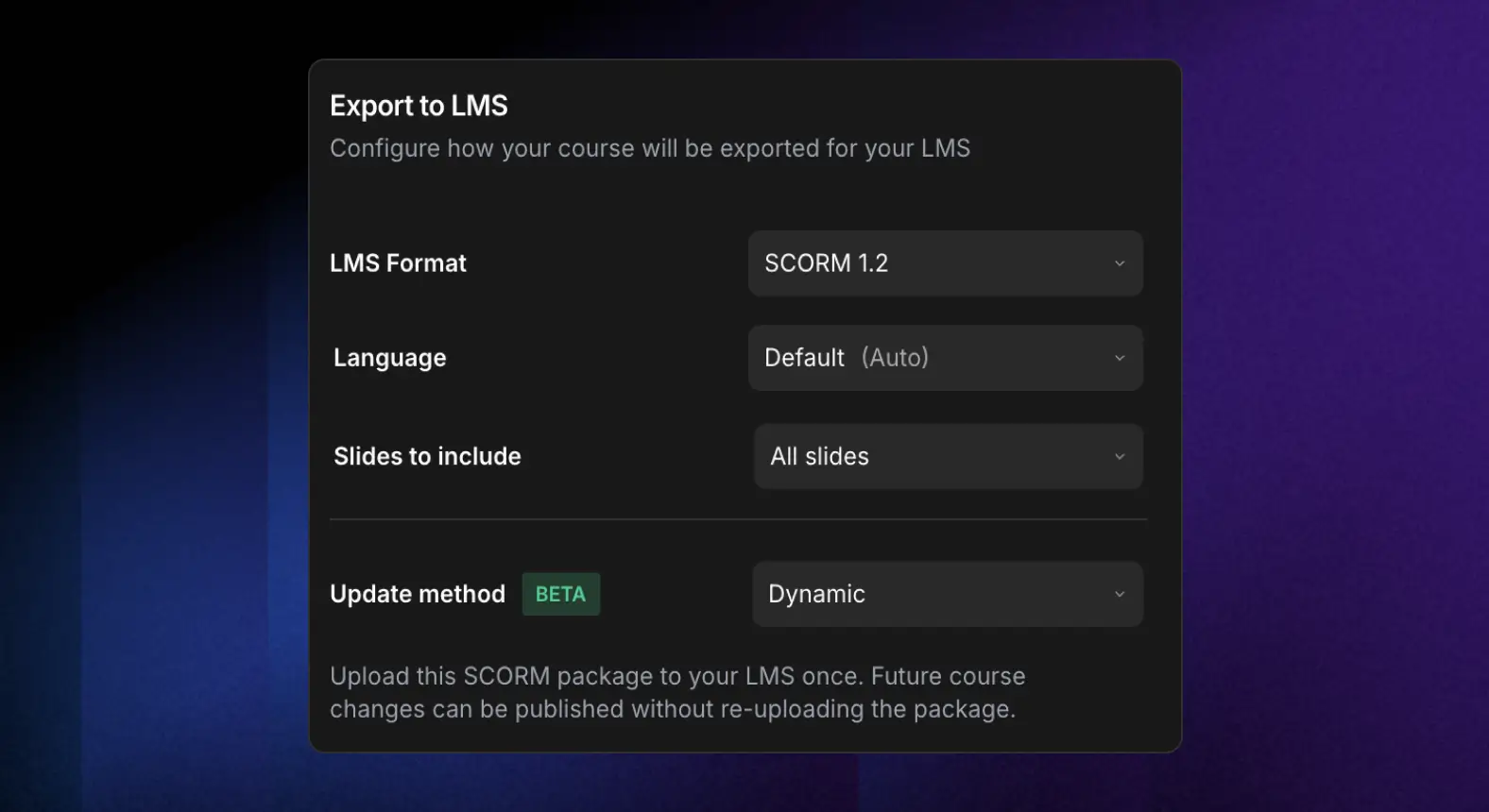 ScormStack export dialog showing the Dynamic updates option