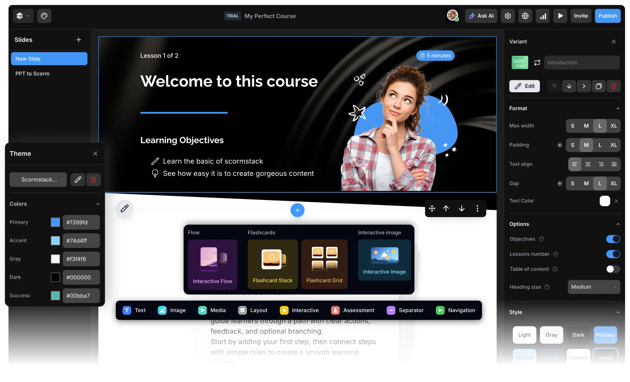 ScormStack SCORM course builder interface showing drag-and-drop editor with interactive blocks, assessment tools, and SCORM export options