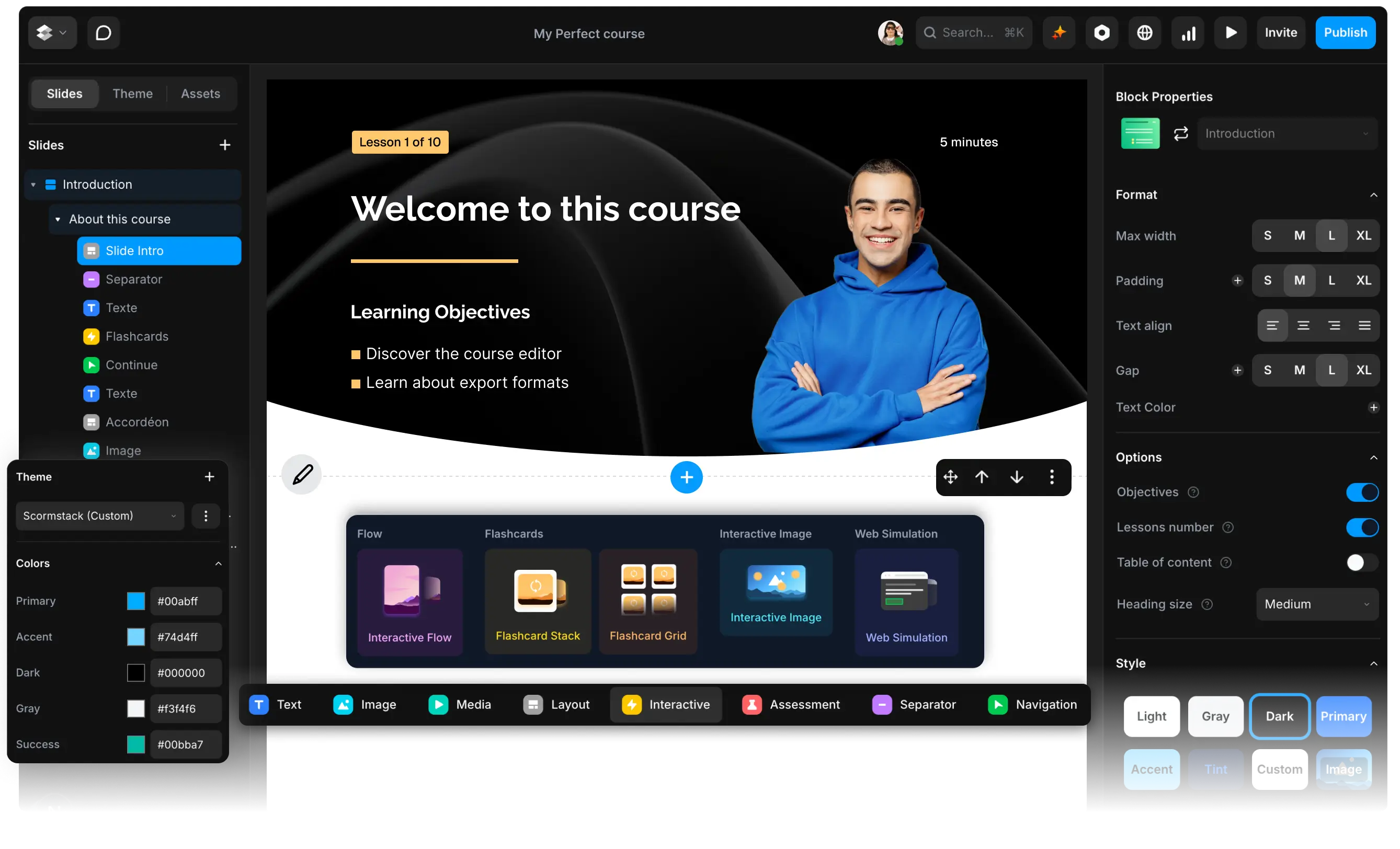 ScormStack SCORM course builder interface showing drag-and-drop editor with interactive blocks, assessment tools, and SCORM export options